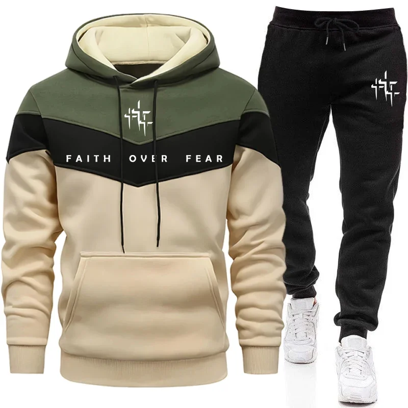 Men'S Fashion Usa - ชุดวอร์มผู้ชาย Faith Over Fear เสื้อฮู้ดและกางเกงจ็อกเกอร์ แฟชั่นสไตล์เมือง