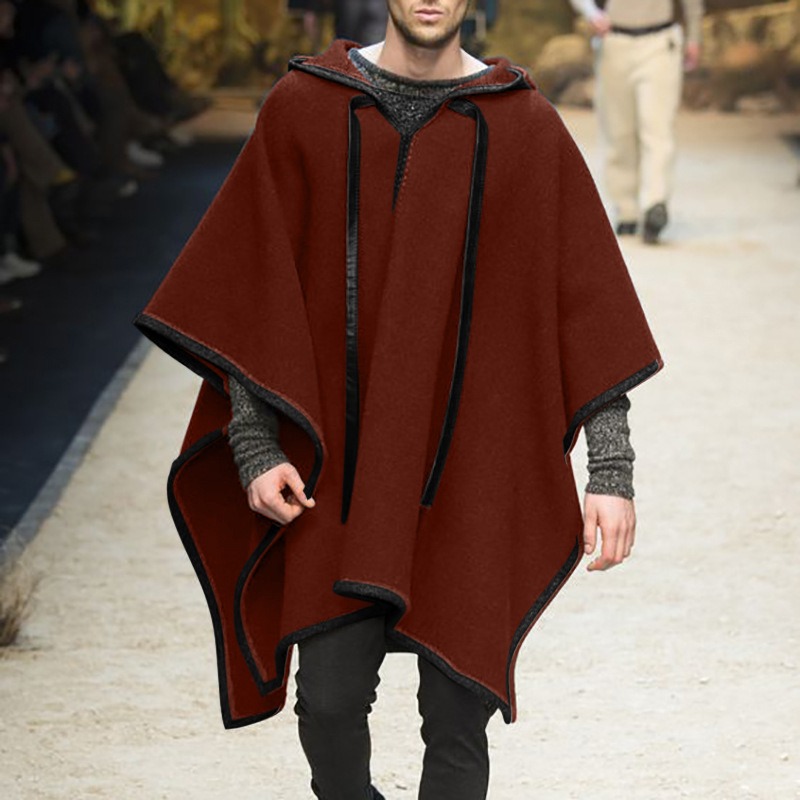 Mens Fashion Poncho - เสื้อคลุมแฟชั่นผู้ชายทรงไม่สมมาตรเท่ๆ มีฮู้ด สไตล์สตรีทแวร์ ผ้าคลุมไหล่ คอวี ทรงหลวม