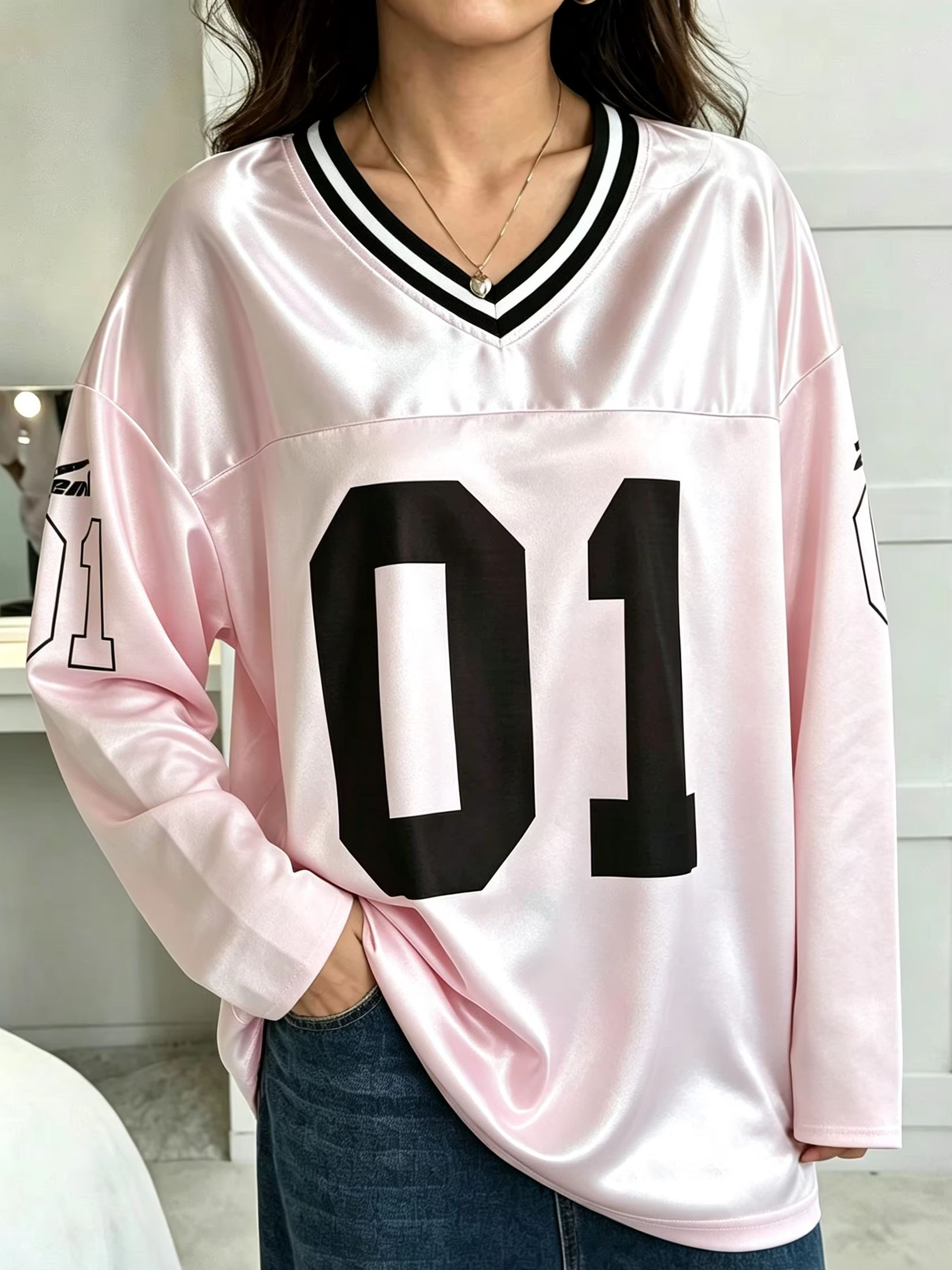 Men'S Fashion Usa - เสื้อยืดแขนยาวผู้ชายผู้หญิงสไตล์วินเทจ ทรงโอเวอร์ไซส์ พิมพ์ลายเลข 01 คอวี แฟชั่นสปอร์ต