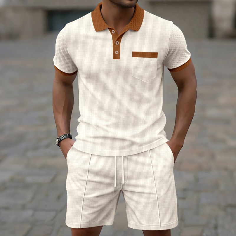 Men'S Fashion Undershirt - แฟชั่นฤดูร้อนปี 2026 ล่าสุด เสื้อเชิ้ตคอปกตัดสีสไตล์สปอร์ตเทรนดี้ลำลองสำหรับผู้ชาย และกางเกงขาสั้นแบบมีเชือกผูก ชุดลำลองแฟชั่น