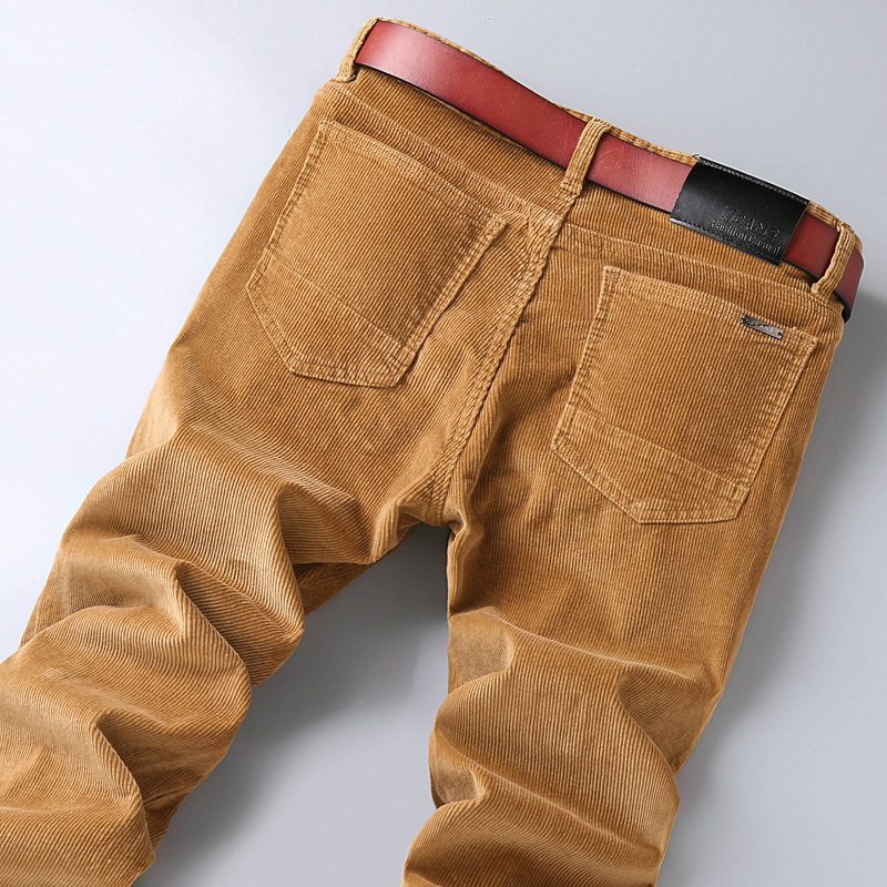 Men'S Fashion Khaki Pants - กางเกงลำลองผ้าคอตตอนคอร์ดูรอยผู้ชาย รุ่นใหม่สำหรับฤดูใบไม้ร่วง สีกากี เนื้อผ้านุ่ม ทรงสลิมตรง สไตล์ธุรกิจ