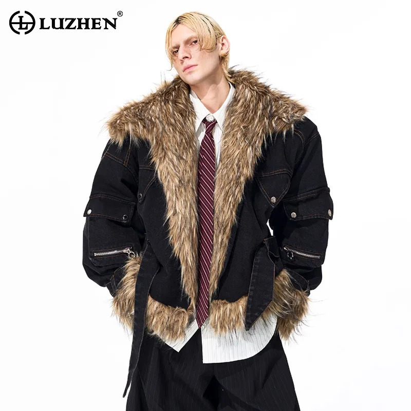 Fashion Harness Men - เสื้อโค้ทพาร์กาฤดูหนาว LUZHEN แฟชั่นดีไซน์ต่อผ้าขนสัตว์เทียมแบบหนา อุ่นสบายสำหรับผู้ชาย รุ่นใหม่ปี 2025