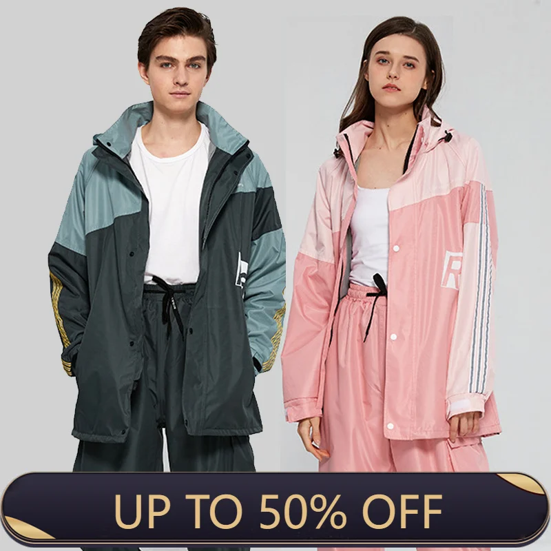 Mens Fashion Poncho - ชุดกันฝนสำหรับผู้ใหญ่แบบแยกชิ้น แฟชั่นกันน้ำ ชุดเสื้อและกางเกงกันฝนสำหรับขี่มอเตอร์ไซค์ อุปกรณ์กันฝนสำหรับตั้งแคมป์และเดินป่ากลางแจ้ง