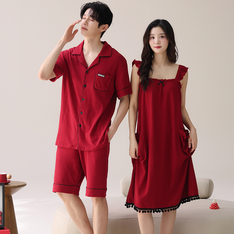Mens Fashion Young - คนรักชุดนอนเทศกาลสีแดงแฟชั่นผู้ชายแขนสั้นกางเกงขาสั้นชุดนอนชุดฤดูร้อนสลิง Nightgowns สําหรับหญิงสาว