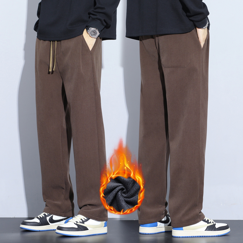 Men'S Fashion Khaki Pants - กาแฟสีกากีสีดําสีเทาหลวมสบายๆกางเกงผู้ชายฤดูหนาวขนแกะความร้อนกางเกงแฟชั่นกํามะหยี่หนาตรงขากว้าง Sweatpants