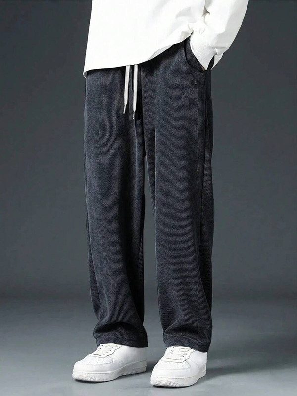 Men'S Fashion Khaki Pants - กางเกงผ้าลูกฟูกทรงตรงคลาสสิกสำหรับผู้ชาย สีกากี สีดำ สีเทา กางเกงแฟชั่นทรงหลวม เอวยางยืด