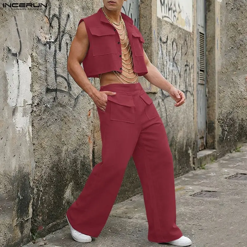 Men'S Fashion Usa - INCERUN ชุดเซ็ตผู้ชาย เสื้อครอปแขนกุดสีพื้น กางเกงขายาว ชุด 2