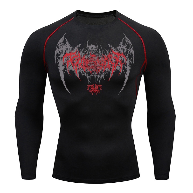 Compression Shirt Workout - เสื้อคอมเพรสชั่นแขนยาวลายปีกหัวกะโหลกสำหรับผู้ชาย เสื้อออกกำลังกาย เสื้อวิ่ง เสื้อซับใน เสื้อกีฬา สำหรับฤดูใบไม้ผลิและฤดูใบไม้ร่วง