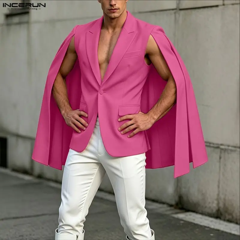 Mens Fashion Poncho - เสื้อคลุม INCERUN สำหรับผู้ชาย ทรงไม่สมมาตร สีพื้น แบบมีปก