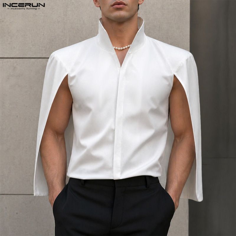 Mens Fashion Poncho - เสื้อเชิ้ตผู้ชาย INCERUN สีพื้น คอตั้ง สไตล์ลำลอง เสื้อคลุมโปโล