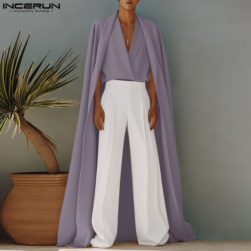 Mens Fashion Poncho - INCERUN เสื้อเชิ้ตผู้ชายทรงยาว สีพื้น ปลอมสองชิ้น เสื้อคลุมแบบพอนโช สตรีทแวร์