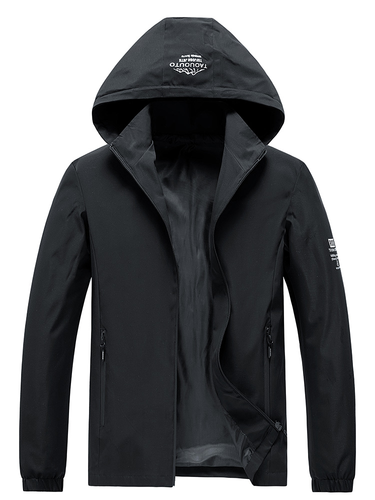 Windbreaker Men Zip - เสื้อแจ็คเก็ตกันลมมีฮู้ดสำหรับผู้ชาย สีดำ แบบซิป แจ็คเก็ตสำหรับกิจกรรมกลางแจ้ง มีกระเป๋าซิป ทรงหลวม