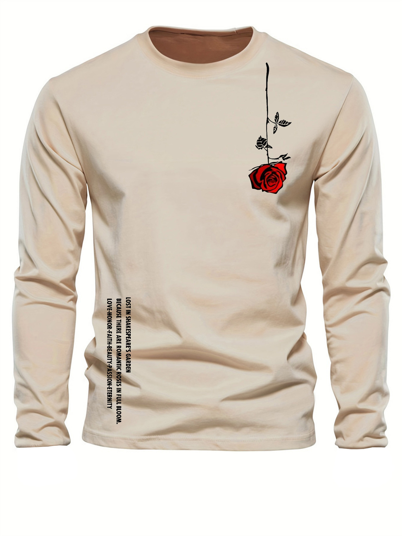Men'S Fashion Undershirt - เสื้อยืดคอกลมแขนยาวผู้ชายผ้าฝ้ายแท้ 100% ทรงหลวมสบายพิมพ์ลายตัวอักษรสีชมพู สไตล์ลำลอง ใส่ได้ทุกโอกาส ฤดูใบไม้ผลิและฤดูใบไม้ร่วง