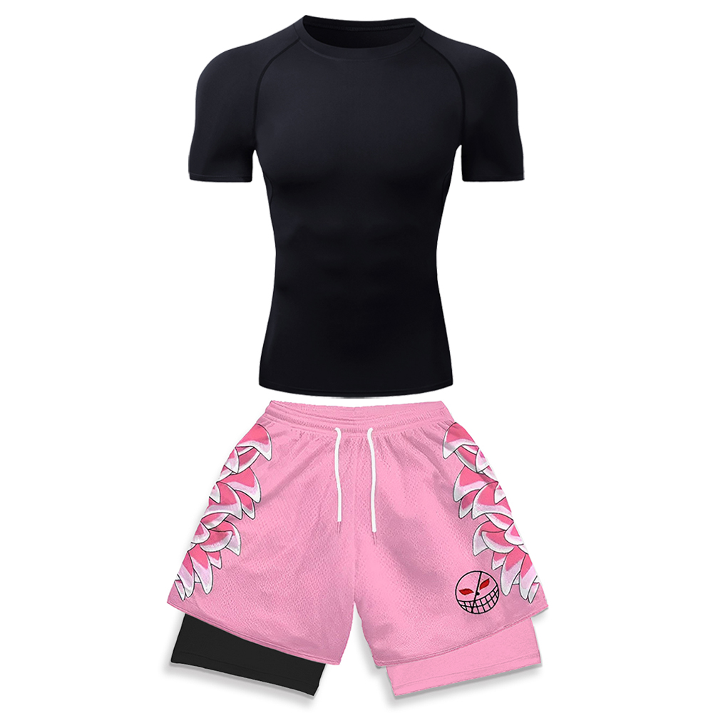 Compression Shirt Workout - ชุดออกกำลังกายยืดหยุ่นสูงสำหรับผู้ชาย เสื้อยืดสีขาวแบบรัดรูป & กางเกงวิ่งขาสั้นพิมพ์ลายกราฟิก 3 มิติสีชมพู