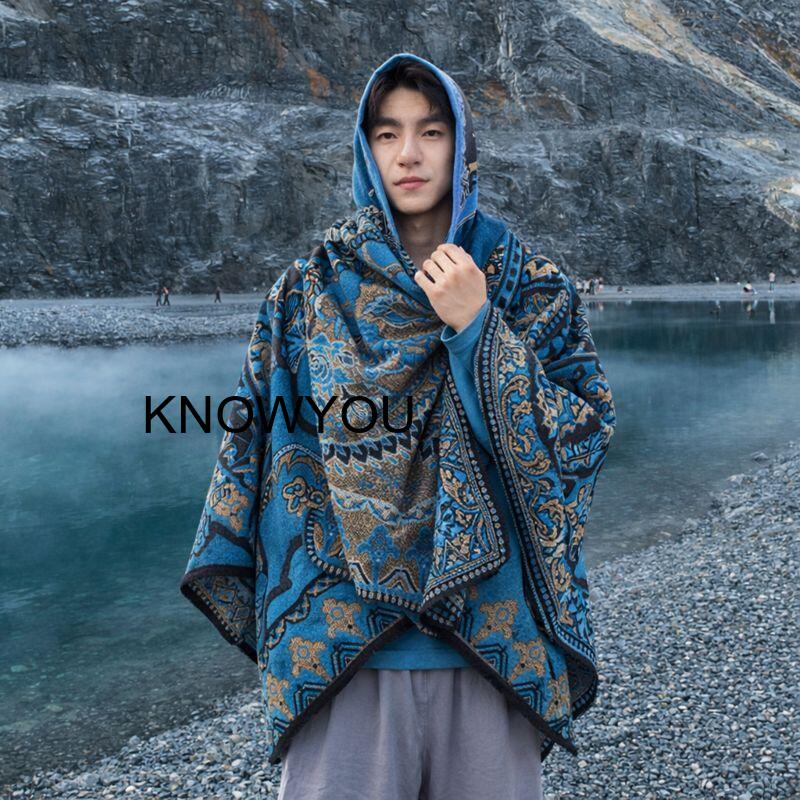 Mens Fashion Poncho - ผ้าคลุมไหล่หนาสำหรับผู้ชายสำหรับเดินทางกลางแจ้งพร้อมหมวก เสื้อคลุมอุ่น ๆ สำหรับผู้ชาย โปงโชสไตล์ชาติพันธุ์ แฟชั่นอเนกประสงค์