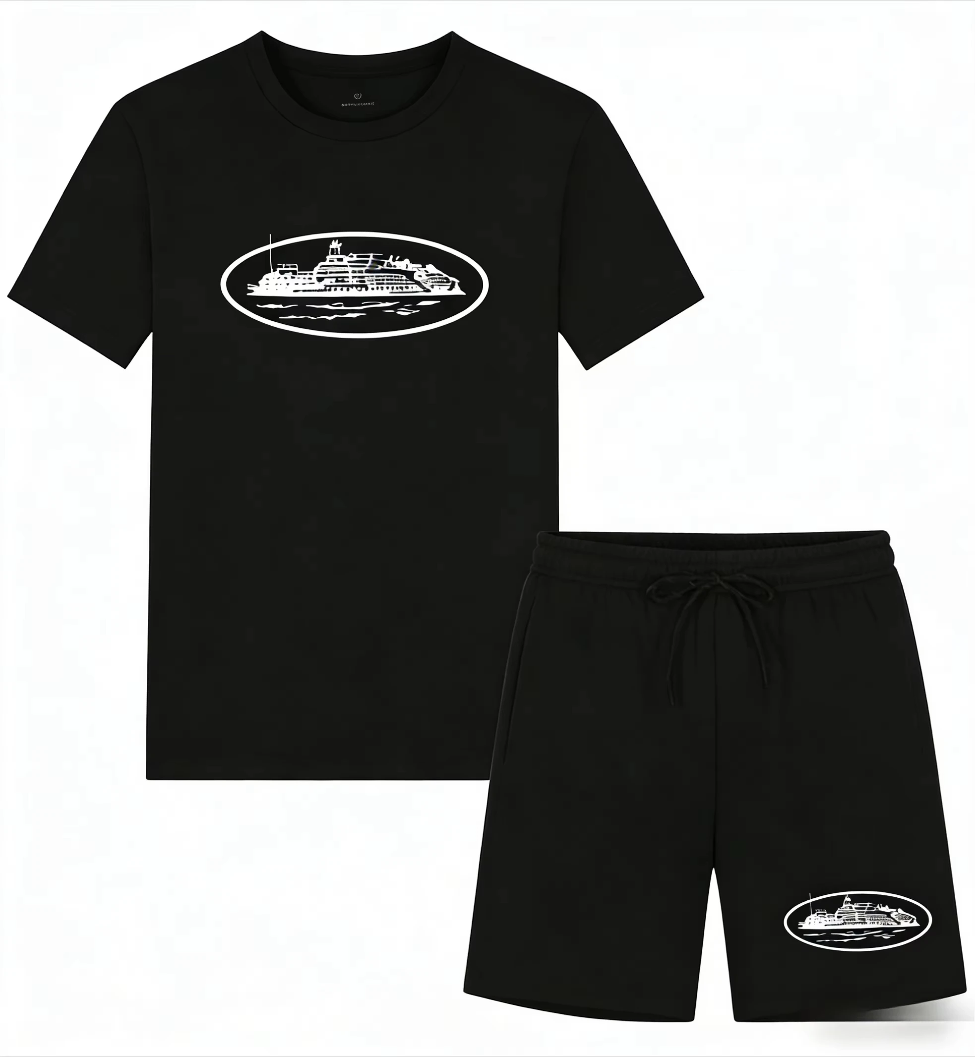 Men'S Fashion Undershirt - เสื้อยืดและกางเกงขาสั้นพิมพ์ลายเรือเล็กๆ รุ่นใหม่ประจำฤดูร้อนปี 2026 ทรงหลวม คอกลม ระบายอากาศได้ดี