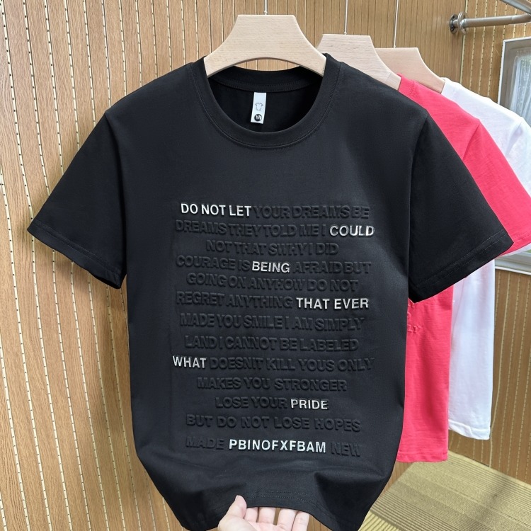 Mens Fashion Young - เสื้อยืดแขนสั้นทรงหลวมสไตล์ใหม่ ให้ความรู้สึกเย็นสบาย พื้นผิวเรียบเนียน พิมพ์ลายตัวอักษร 3 มิติ
