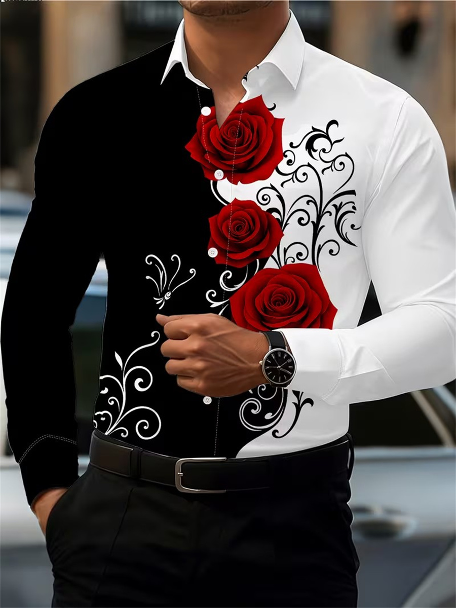 Men'S Fashion Usa - เสื้อเชิ้ตแขนยาวพิมพ์ลายดอกกุหลาบสีแดงสำหรับผู้ชาย ทันสมัยและลำลอง