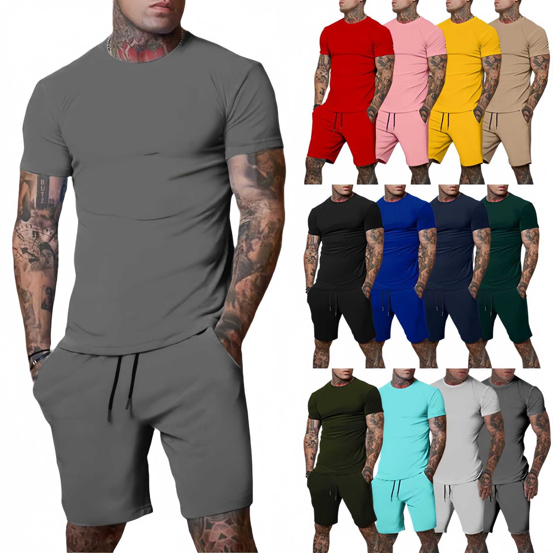 Men'S Fashion Undershirt - ชุดกีฬากลางแจ้งฤดูร้อนที่ทันสมัยและสบายๆ เสื้อยืดระบายอากาศของผู้ชาย กางเกงขาสั้น ชุดลำลองและทันสมัยแบบสองชิ้น