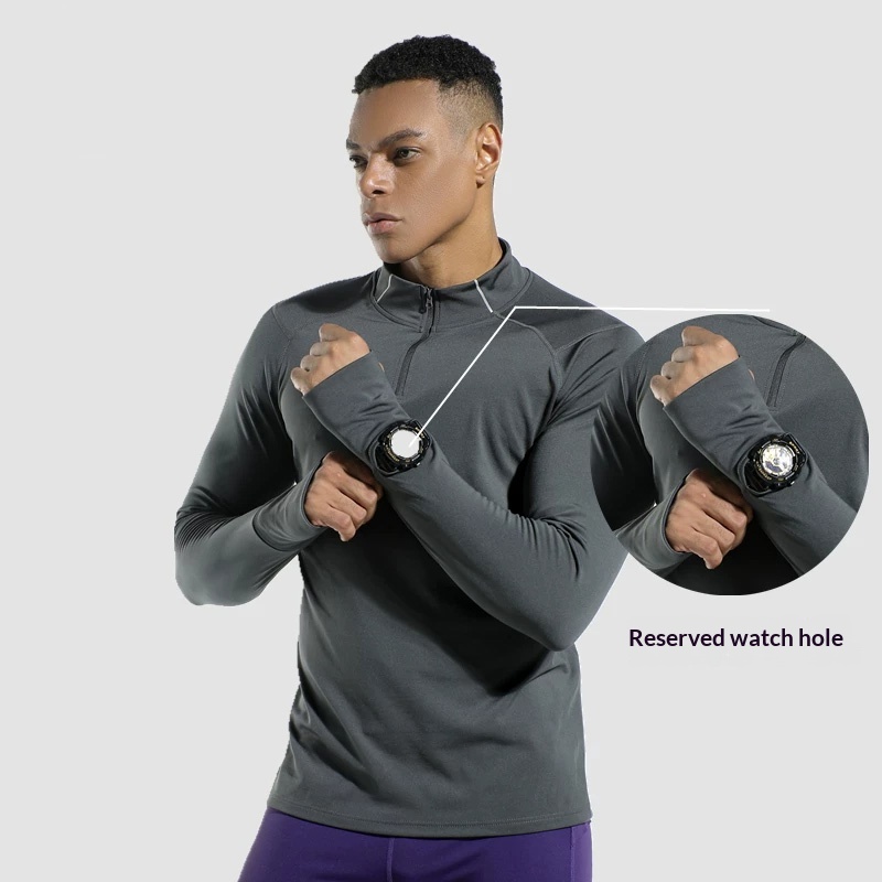 Compression Shirt Workout - เสื้อคอมเพรสชั่นผู้ชายแบบมีรูสำหรับนิ้วมือ คอสูง ซิปครึ่งตัว แห้งเร็ว ยืดหยุ่นสูง เหมาะสำหรับวิ่ง