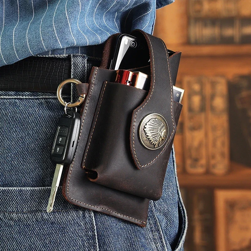 Fashion Harness Men - บุรุษหนังแท้เอวกระเป๋าโทรศัพท์มือถือกระเป๋าชายกลางแจ้งผู้ชาย Fanny Pack Key แนวตั้งสวมเข็มขัดรอบเอวกระเป๋า