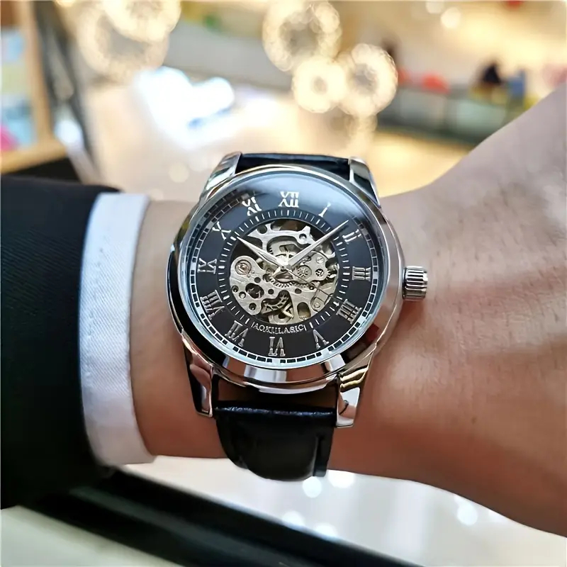 Mens Fashion Young - นาฬิกาจักรกลอัตโนมัติสำหรับผู้ชาย ดีไซน์โครงกระดูก - สายหนัง หน้าปัดเลขโรมัน ระบบอัตโนมัติ