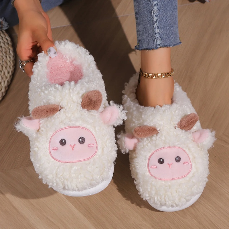 Mens Fashion Sandals - รองเท้าแตะรูปแกะน้อยน่ารักสำหรับฤดูหนาว เหมาะสำหรับผู้หญิงและผู้ชาย รองเท้าแตะขนแกะนุ่มสบายสำหรับใส่ในบ้าน รองเท้าแตะคู่รักแฟชั่น ปักลายสวยงาม รองเท้าแตะผ้าฝ้ายนุ่ม