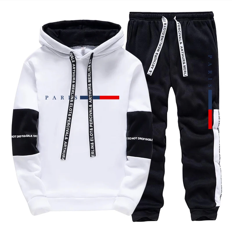 Men'S Fashion Usa - ชุดเซ็ตผู้ชาย/เสื้อฮู้ด/กางเกง แฟชั่นปารีส ฤดูใบไม้ร่วง ฤดูหนาว ชุดลำลองสปอร์ต เสื้อฮู้ดแบบสวมหัวและกางเกงขายาว