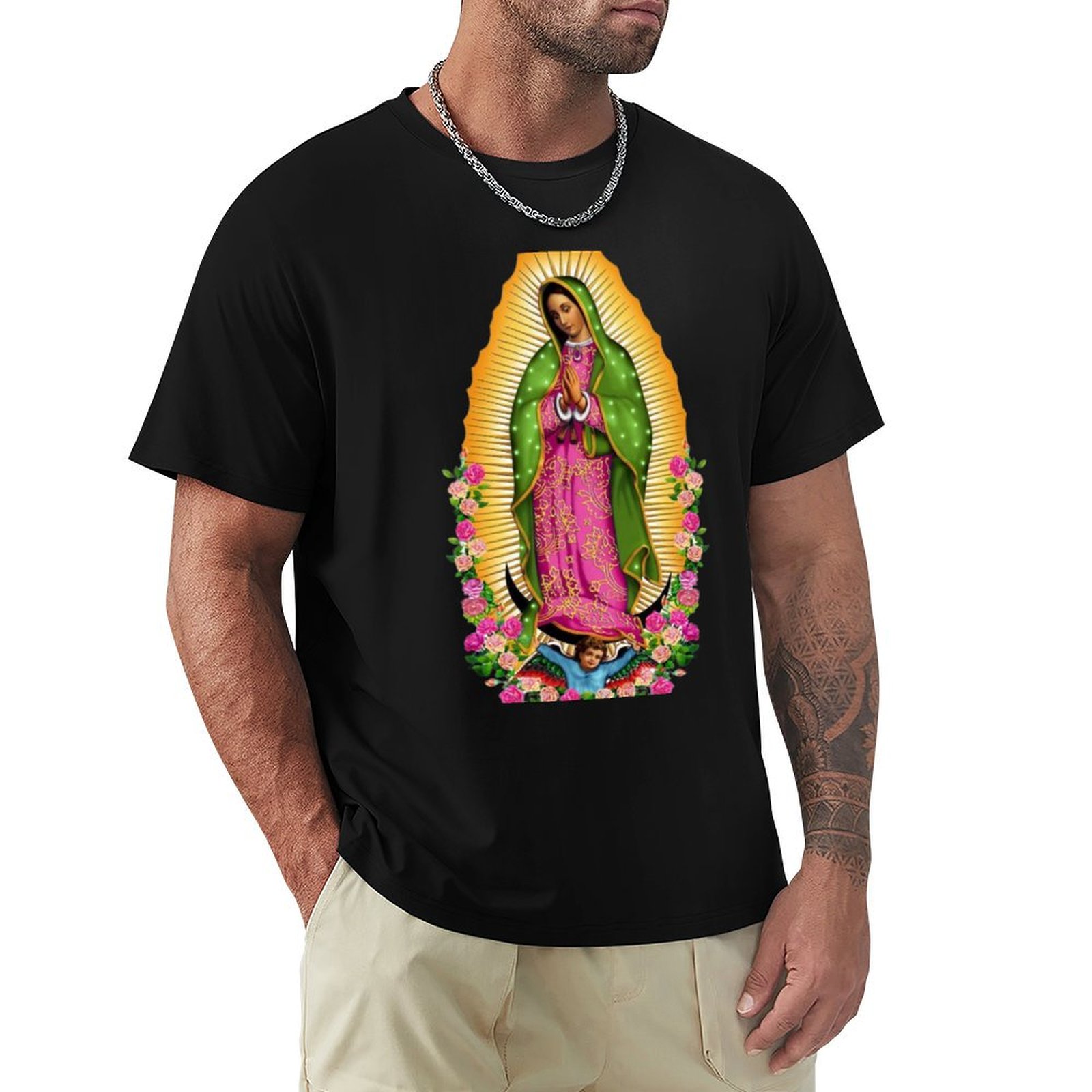 Mens Fashion Mexico - เสื้อยืดแฟชั่นลำลองแขนสั้นลายพระแม่มารีแห่งกวาดาลูป (Our Lady of Guadalupe) ของเม็กซิโก