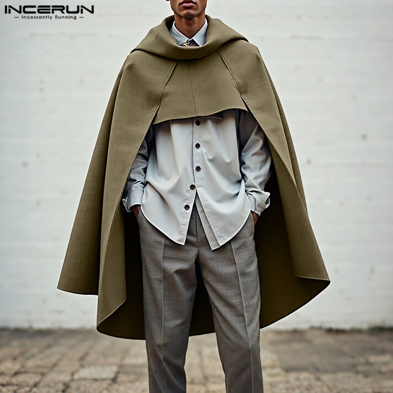 Mens Fashion Poncho - เสื้อคลุมผู้ชาย INCERUN สีพื้น ทรงหลวม สไตล์ลำลอง เสื้อคลุมทรงยาวแบบไม่สมมาตร
