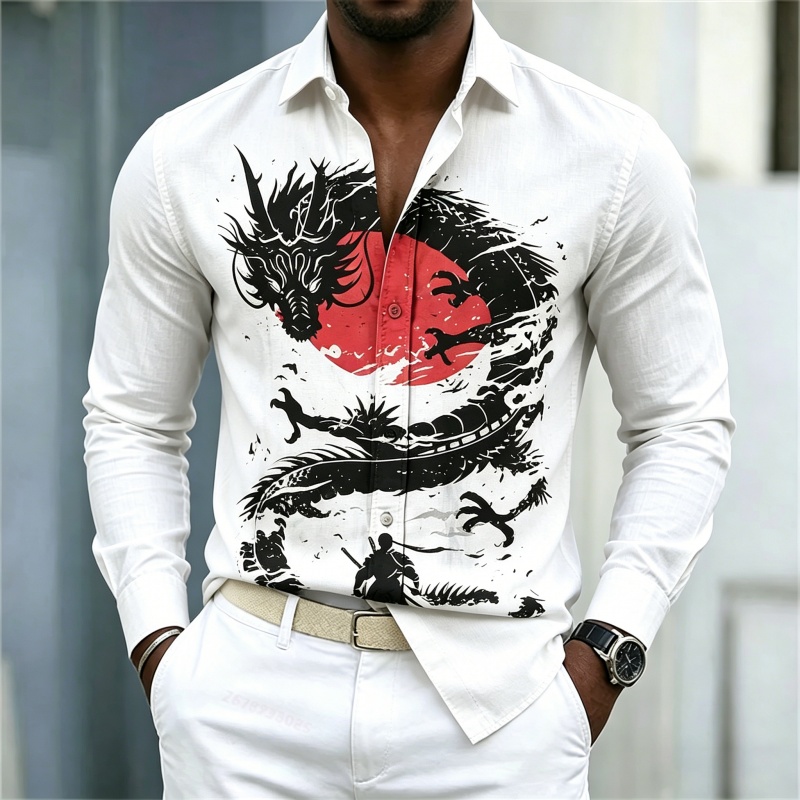 เสื้อเชิ้ตผู้ชายลายมังกรสีขาวด - Men'S Fashion Usa บทวิจารณ์และราคา